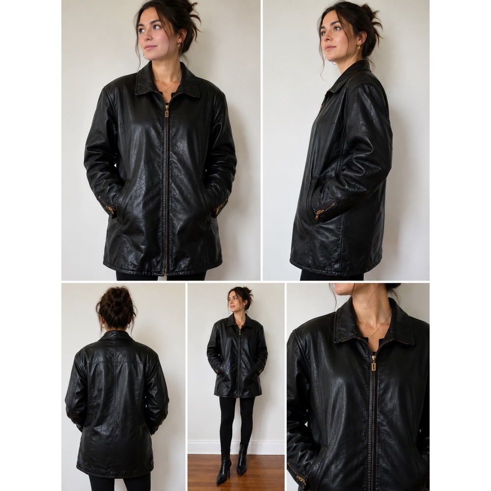 Vintage Pelle New York Milano Black Leather Jacket Zippered Cuffs Coat Womens S